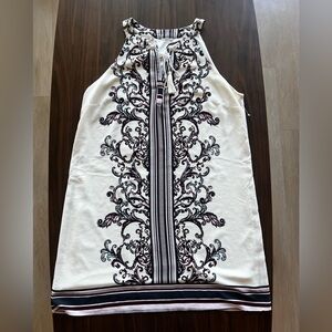 Sleeveless White Dress with Black and Pink Embroidery